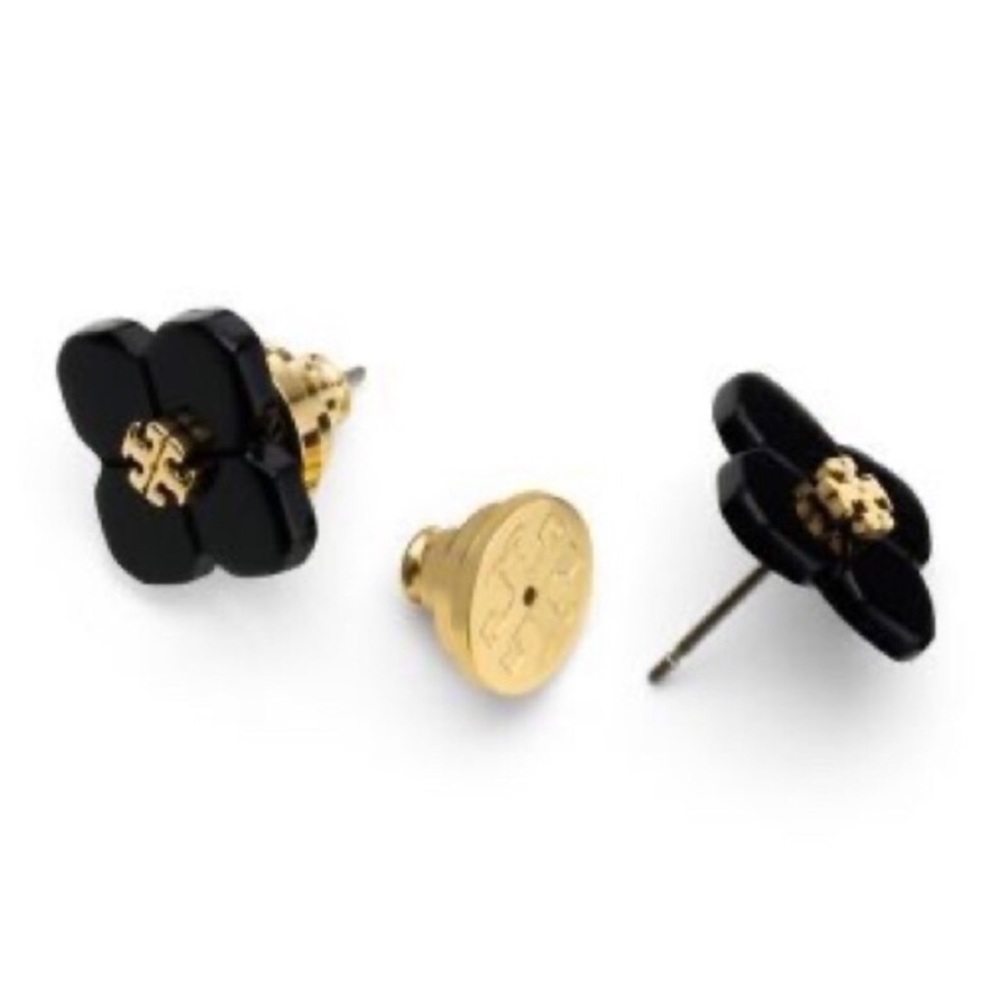 Tory Burch Black and Gold Flower Resin Stud Earrings